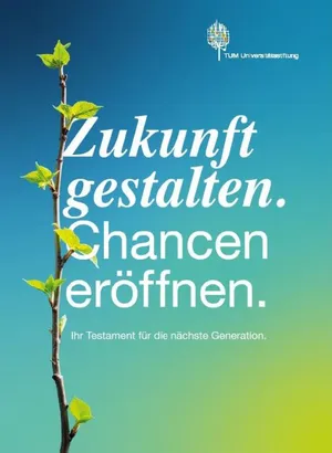 Cover picture of the inheritance brochure “Shaping the future. Opening up opportunities.”. Small branch with fresh leaves as a symbol of growth and life. Friendly color gradient from yellow to blue tones in the background