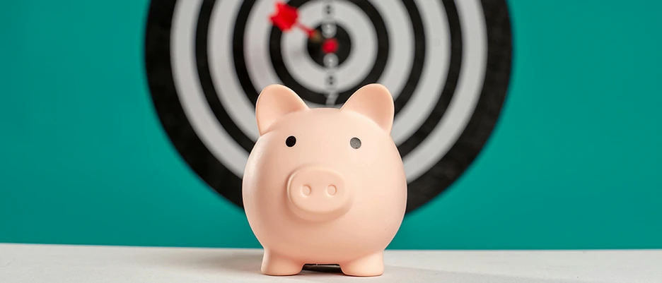 Rosa SParschwein vor einer Zielscheibe im Hintergrund als Symbol für finanzielle Förderung der TUM Universitätssstiftung