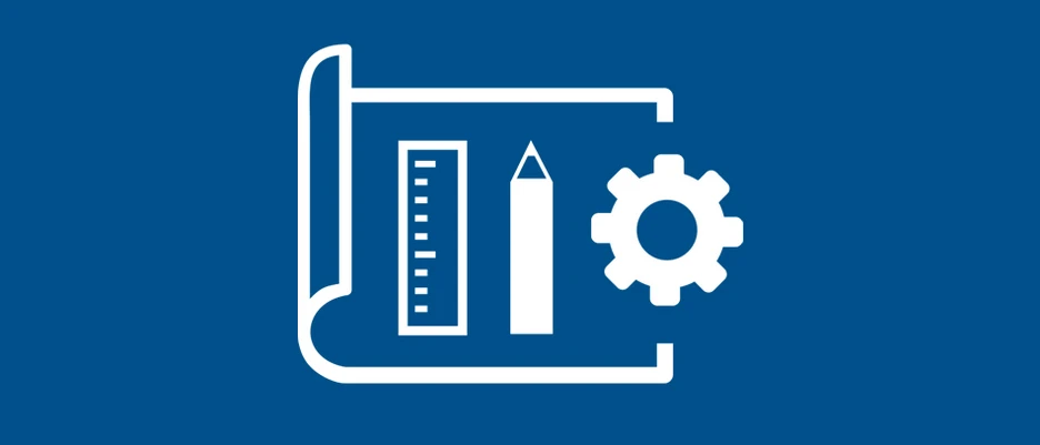 Symbol graphic with ruler, pen and paper as a symbol for projects